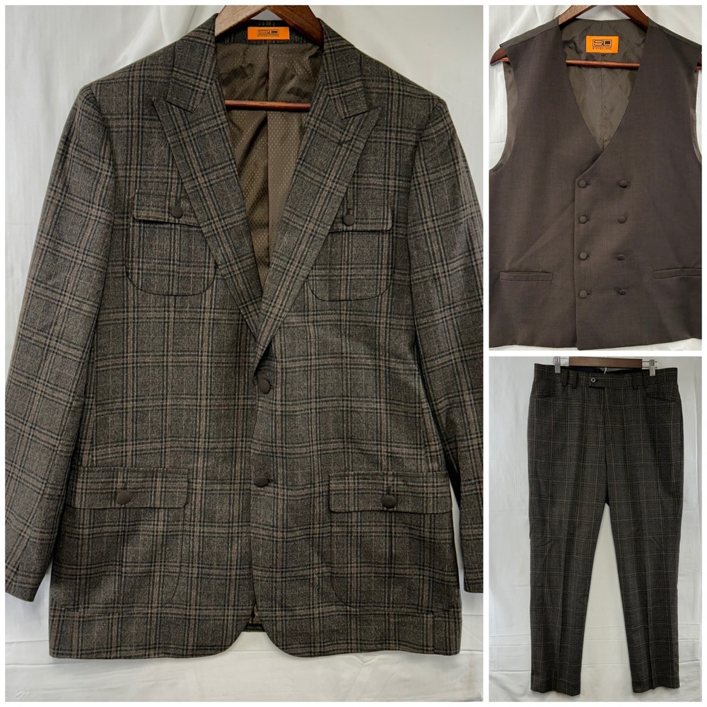Steven Land 3 Piece Suit Mens 42L 36x30 Brown Plaid Jacopo Blazer Vest Pants Set